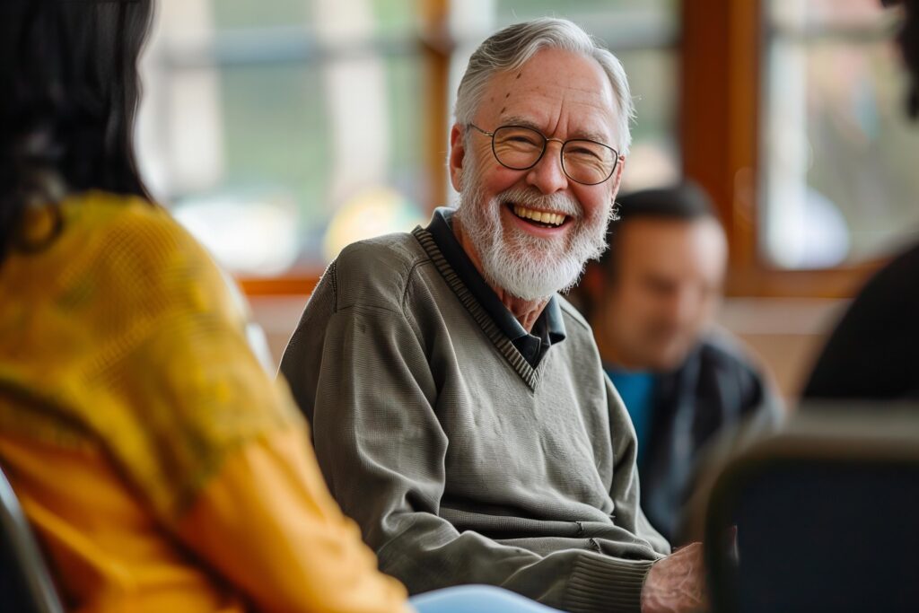 Elderly man sharing his experience in a Narcotics Anonymous meeting, fostering community support