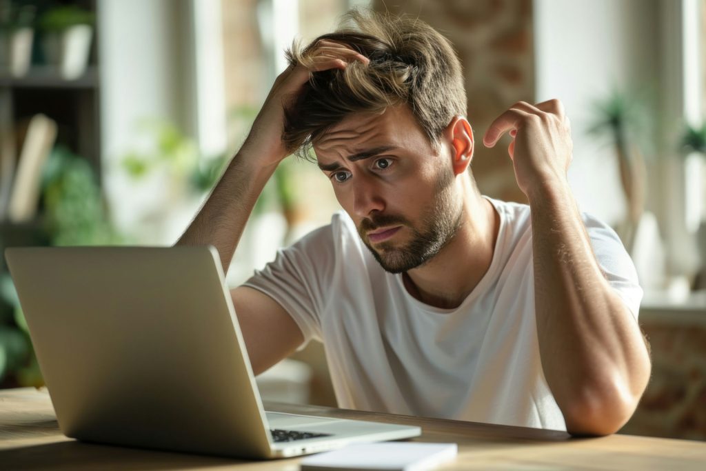 Unemployed man feeling stressed about bills and addiction challenges.
